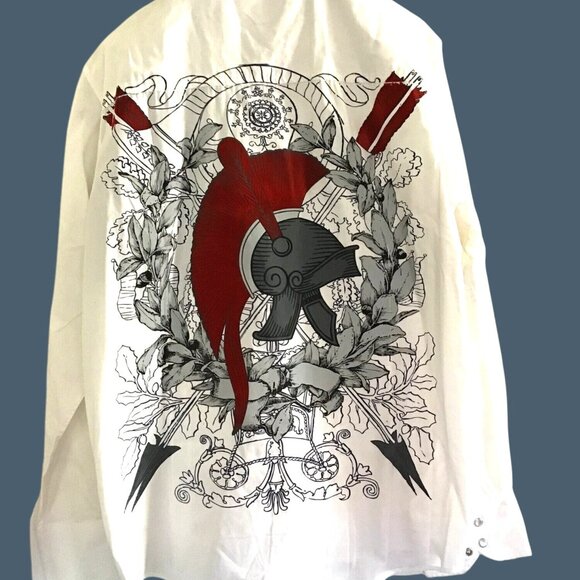 Mens Toku White Long Sleeve Button-Up Shirt With Red & Black Graphic Design Size - Picture 2 of 8